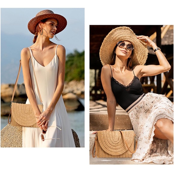 Summer straw style cross body woven bag with pom poms - Beige/tan - Picture 3 of 7